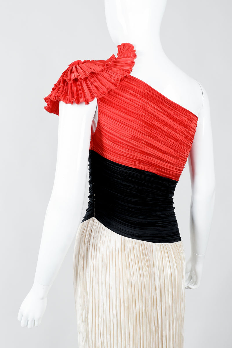 Vintage Mary McFaddden Asymmetrical Ruffle Shoulder Gown on Mannequin Back shoulder at Recess