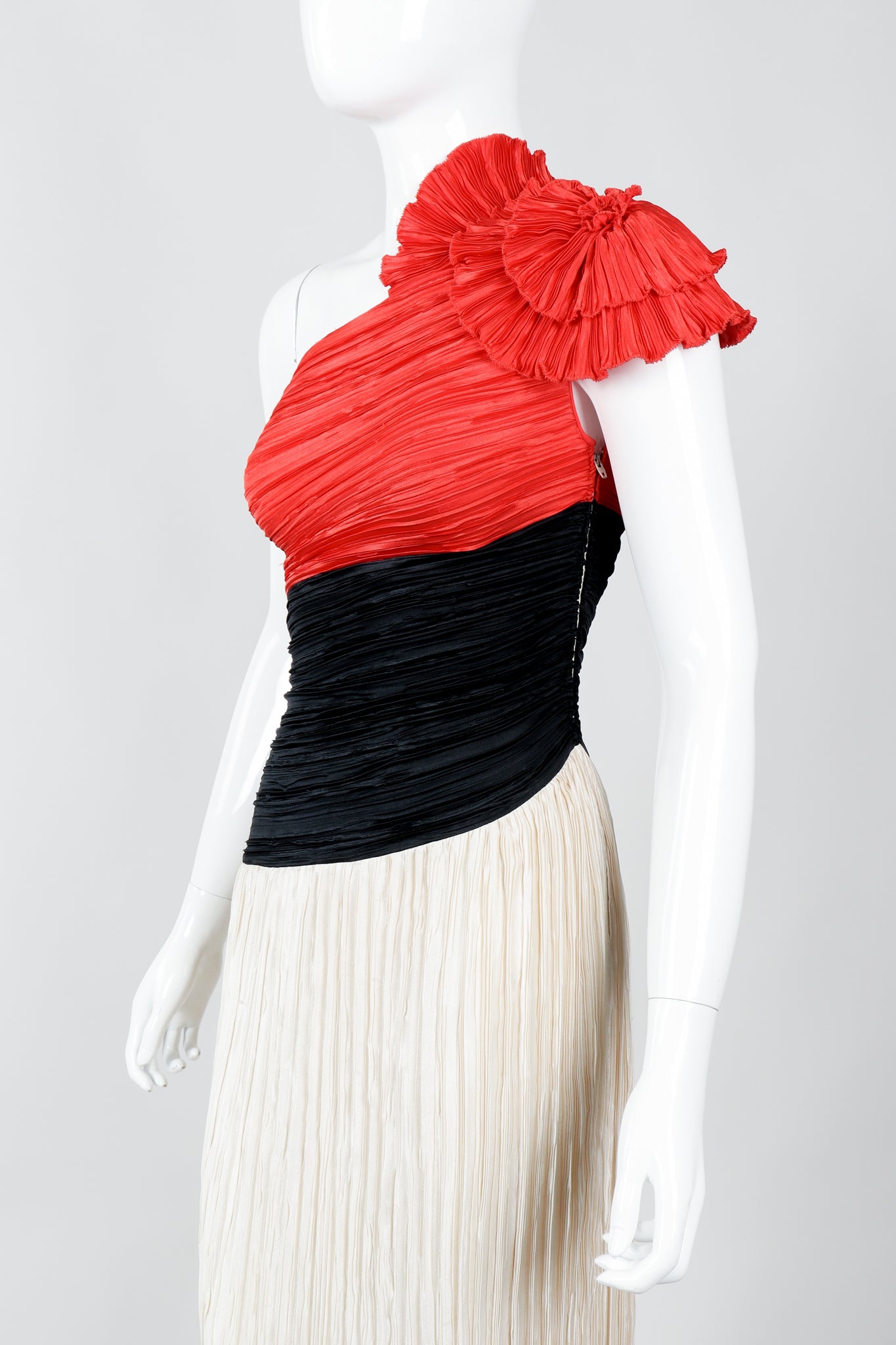 Vintage Mary McFaddden Asymmetrical Ruffle Shoulder Gown on Mannequin Cropped at Recess