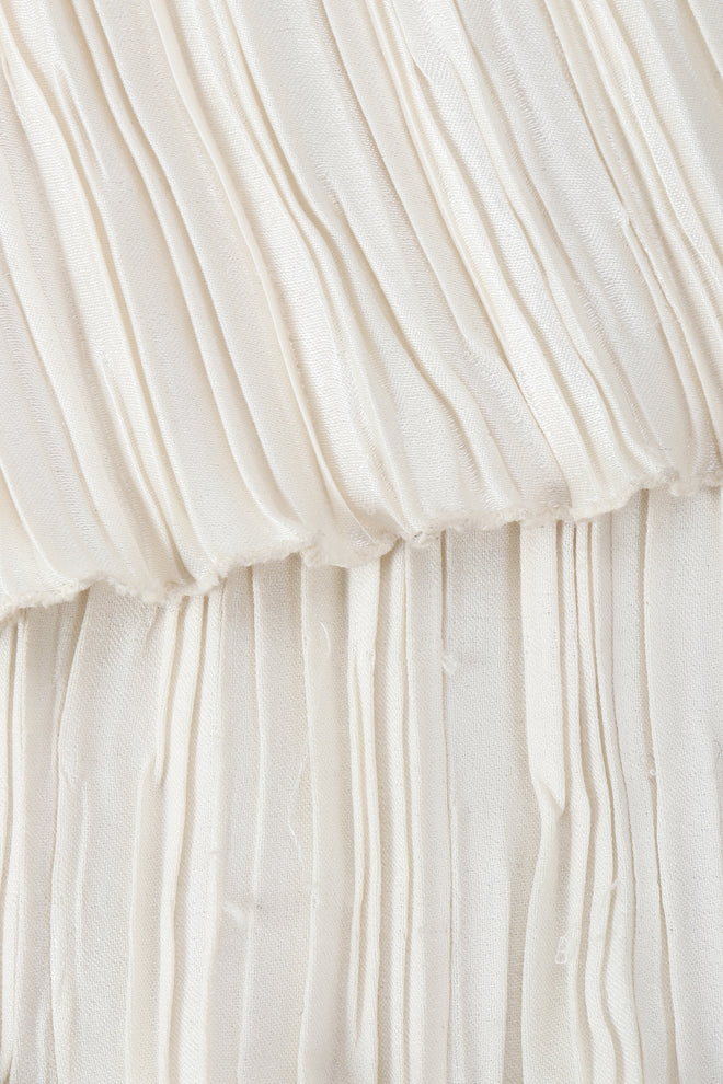 Vintage Mary McFaddden Asymmetrical Ruffle Shoulder Gown Pleated Fabric Detail