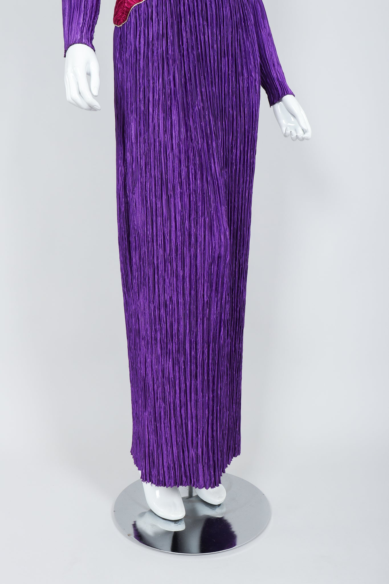Vintage Mary McFadden Pleated Colorblock Bias Bodice Dress on Mannequin skirt