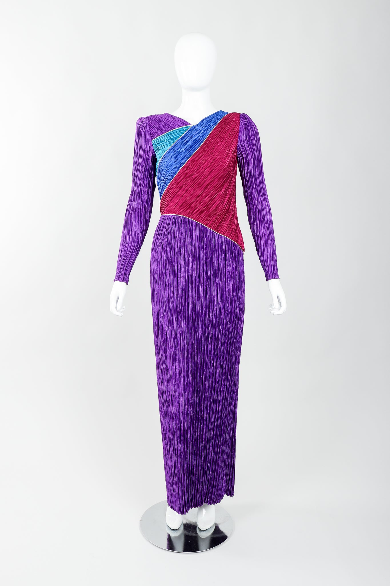 Vintage Mary McFadden Pleated Colorblock Bias Bodice Dress on Mannequin back, at Recess