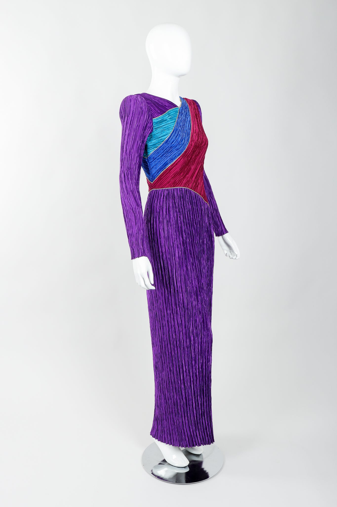 Vintage Mary McFadden Pleated Colorblock Bias Bodice Dress on Mannequin angled, at Recess
