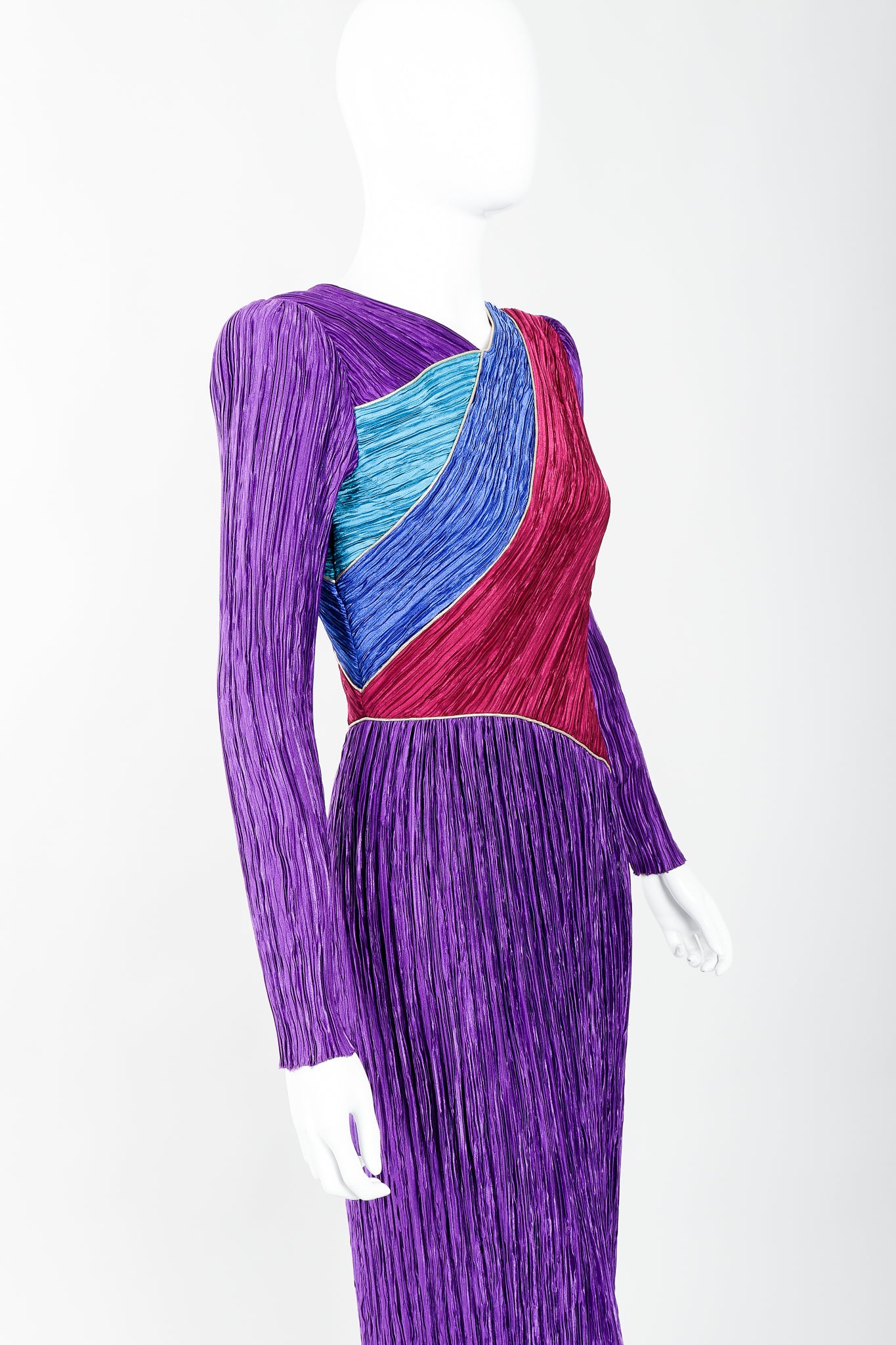 Vintage Mary McFadden Pleated Colorblock Bias Bodice Dress on Mannequin angled close up, at Recess