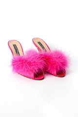 Vintage Maud Frizon Shocking Pink Marabou Mules side at Recess Los Angeles