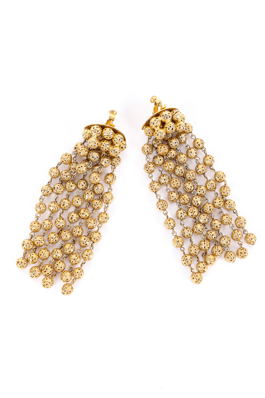 Long gold filigree ball shoulder duster drop earrings pair photo. @recessla