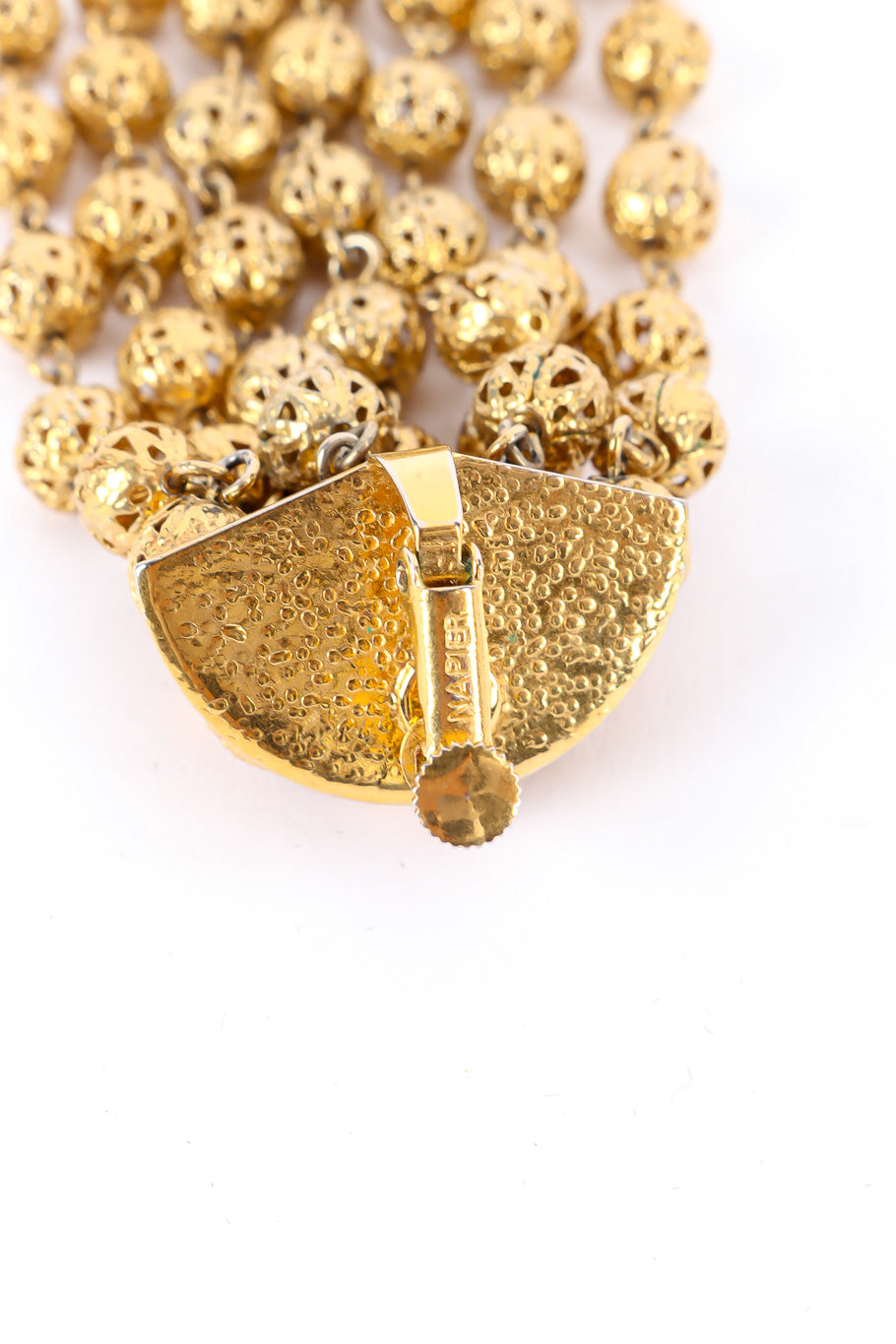 Long gold filigree ball shoulder duster drop earrings Napier logo. @recessla