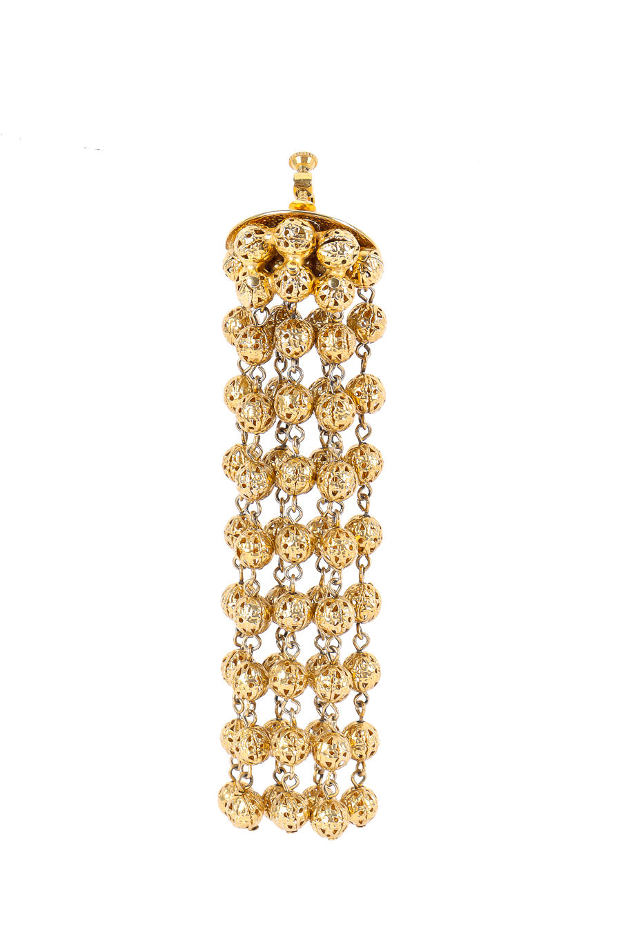 Long gold filigree ball shoulder duster drop earrings detail photo. @recessla 