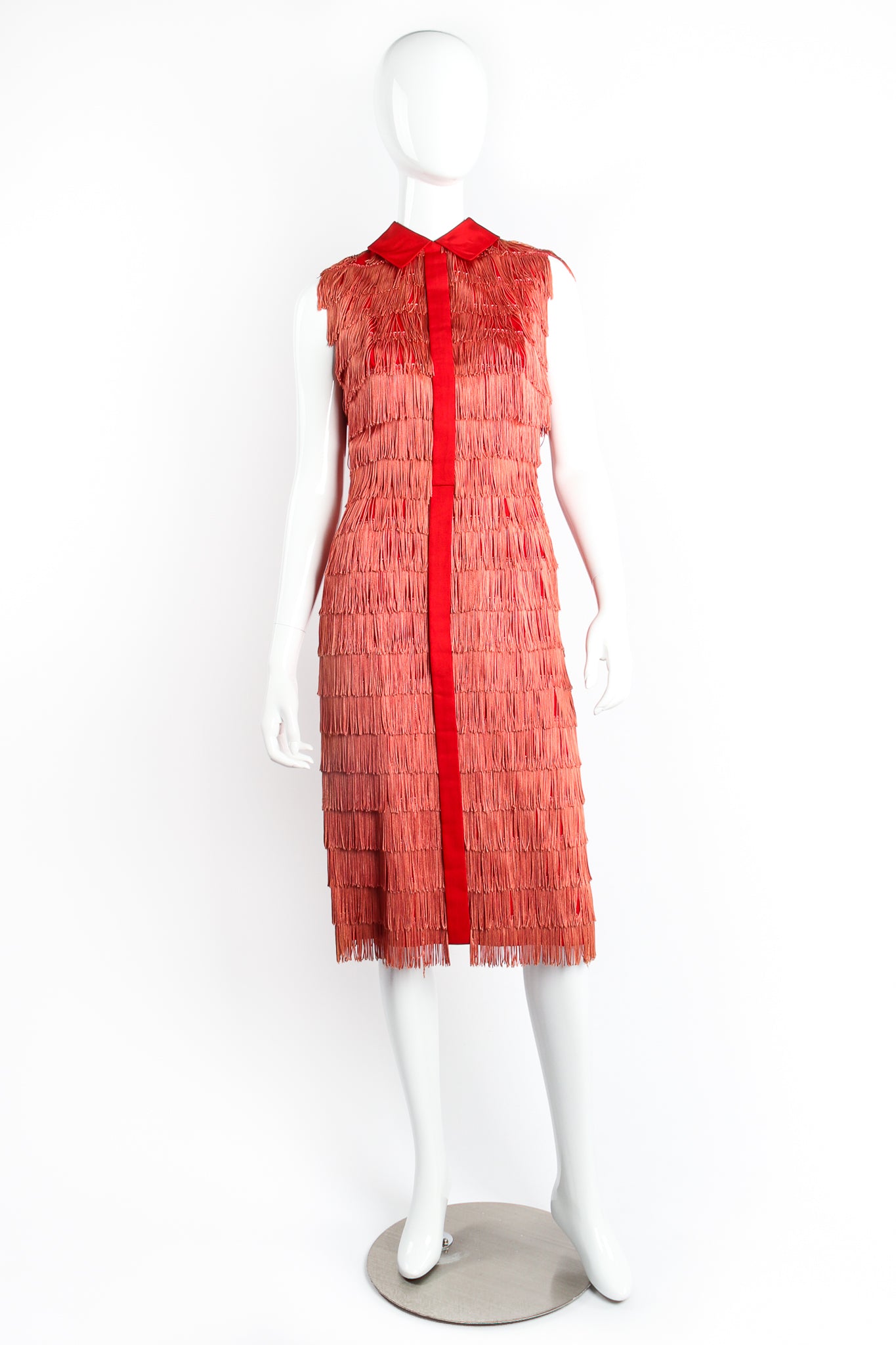 Vintage Maxwell Shieff Fringed Sleeveless Shirt Dress on Mannequin front at Recess Los Angeles