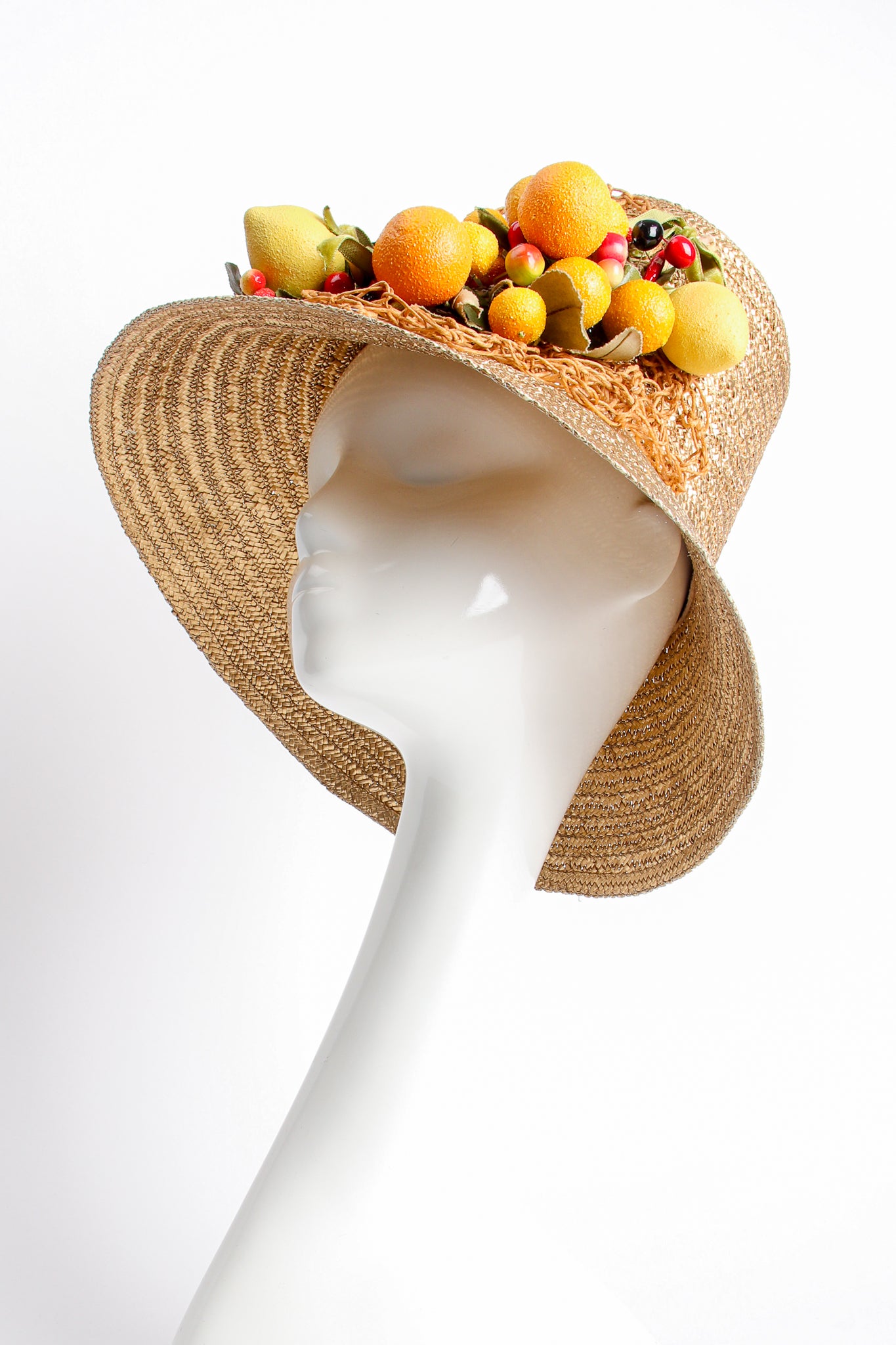 Vintage Maybelle Marie Birch 1945 Fruit Basket Gold Straw Bucket Hat on Mannequin at Recess LA 