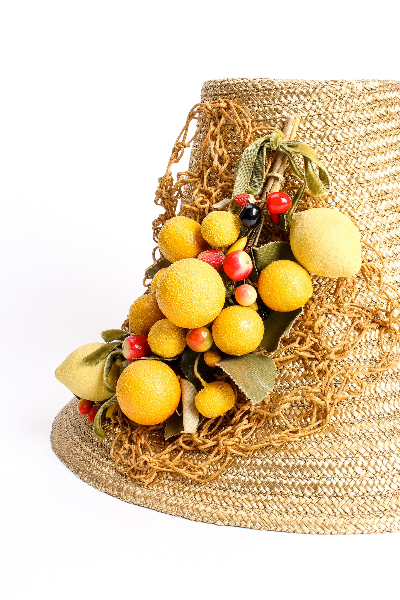 Vintage Maybelle Marie Birch 1945 Fruit Basket Gold Straw Bucket Hat detail fruits @ Recess LA 