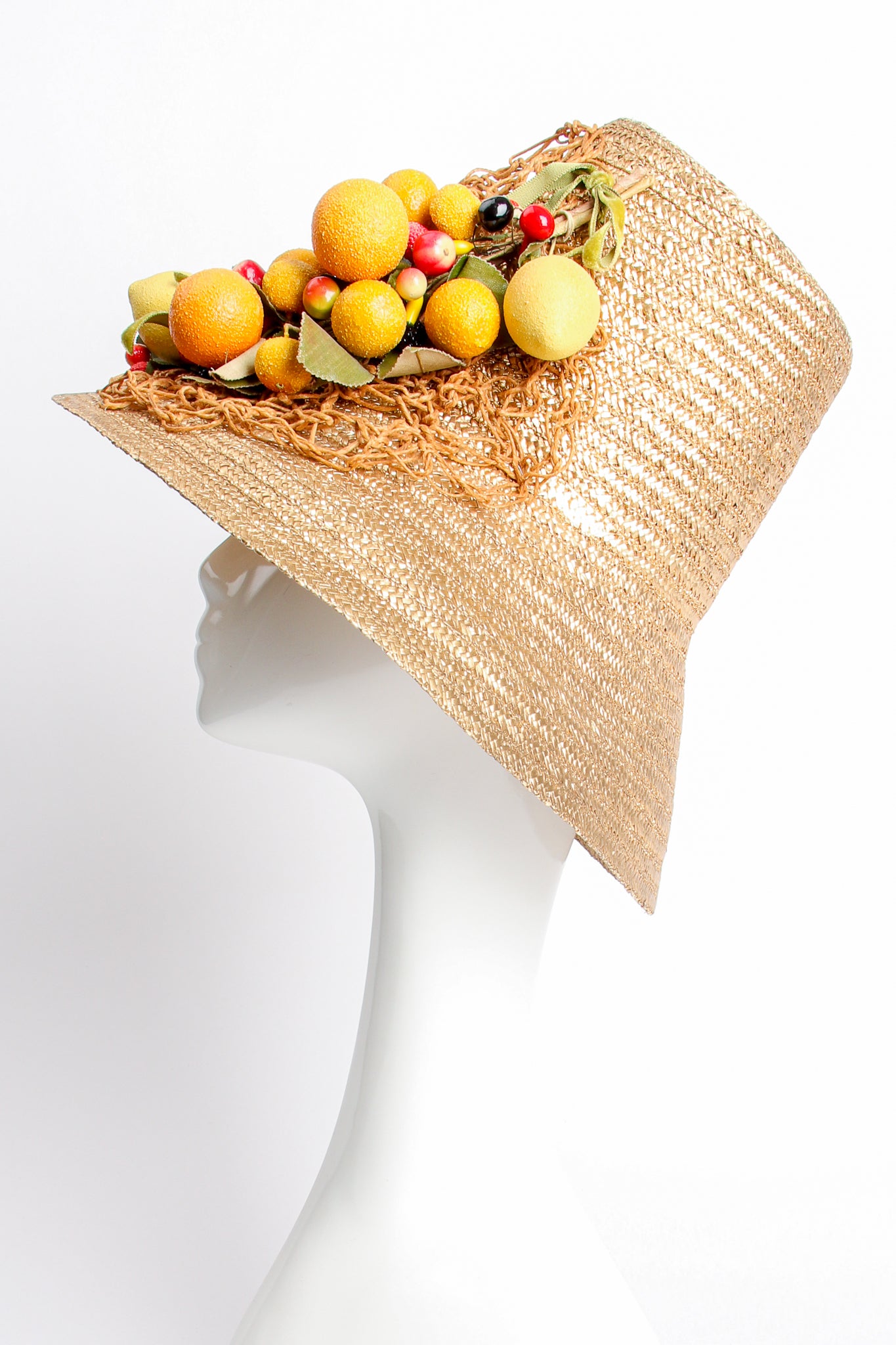 Vintage Maybelle Marie Birch 1945 Fruit Basket Gold Straw Bucket Hat on Mannequin side @ Recess LA 