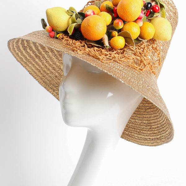 Vintage Maybelle Marie Birch 1945 Fruit Basket Gold Straw Bucket Hat
