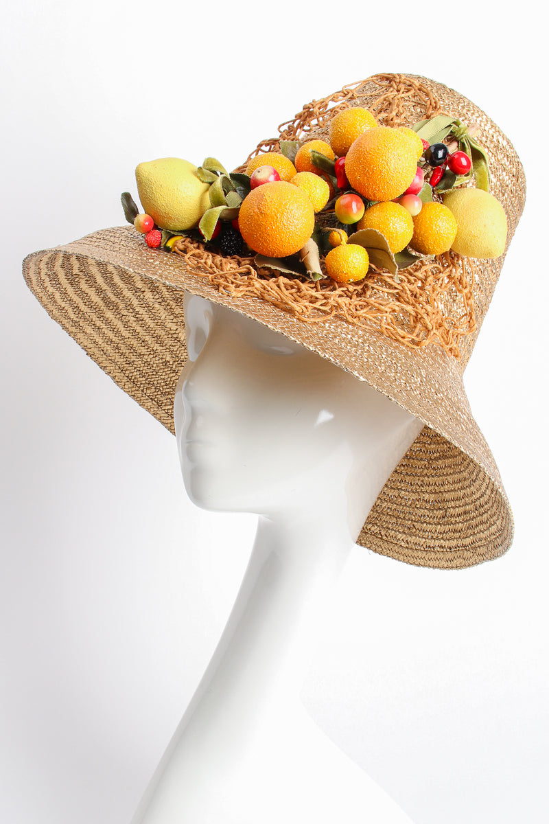 Vintage Maybelle Marie Birch 1945 Fruit Basket Gold Straw Bucket Hat on Mannequin @ Recess LA 