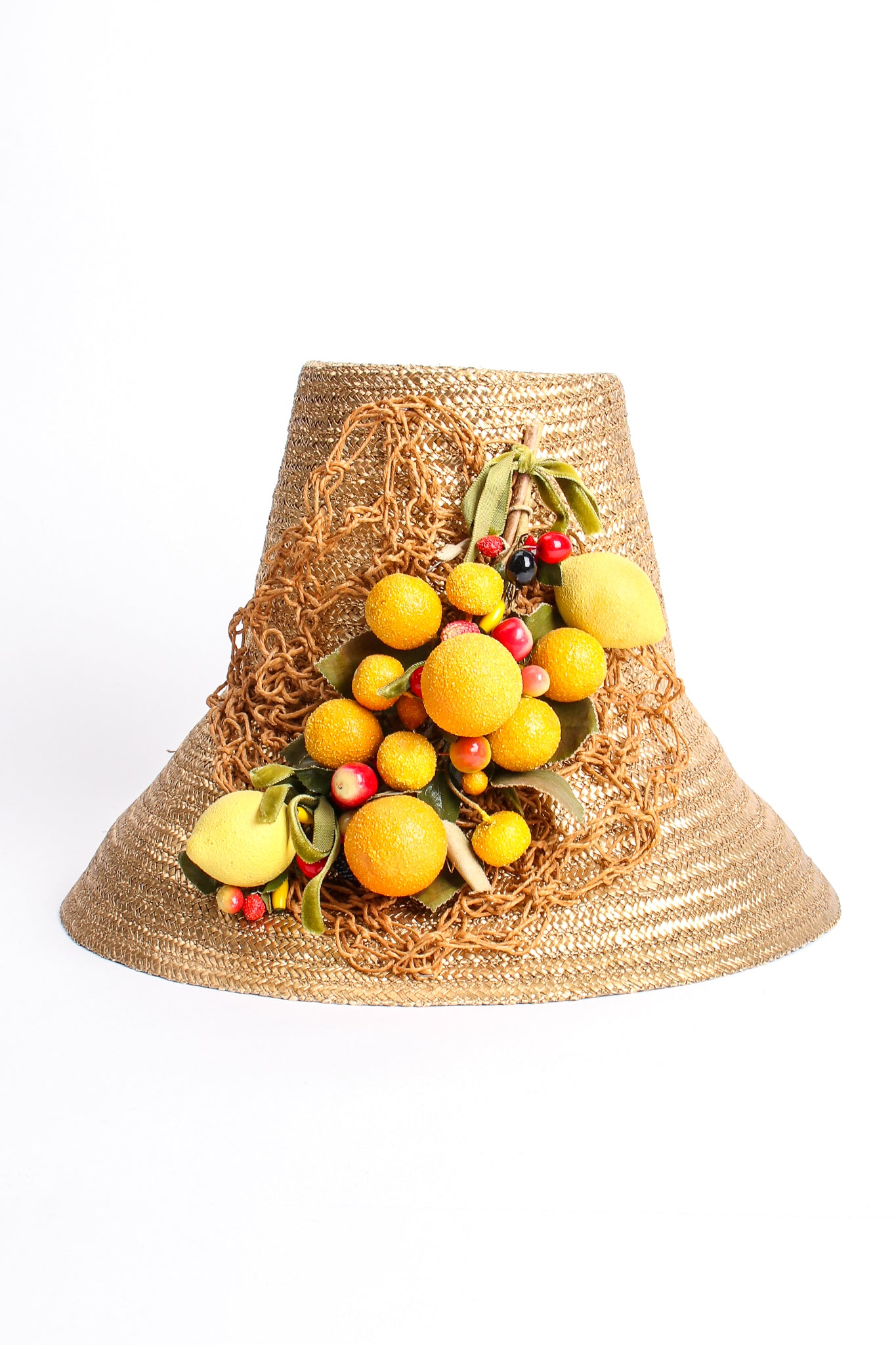 Vintage Maybelle Marie Birch 1945 Fruit Basket Gold Straw Bucket Hat front @ Recess LA 