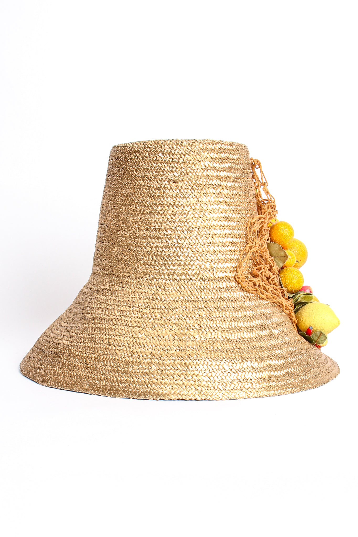 Vintage Maybelle Marie Birch 1945 Fruit Basket Gold Straw Bucket Hat side @ Recess LA 