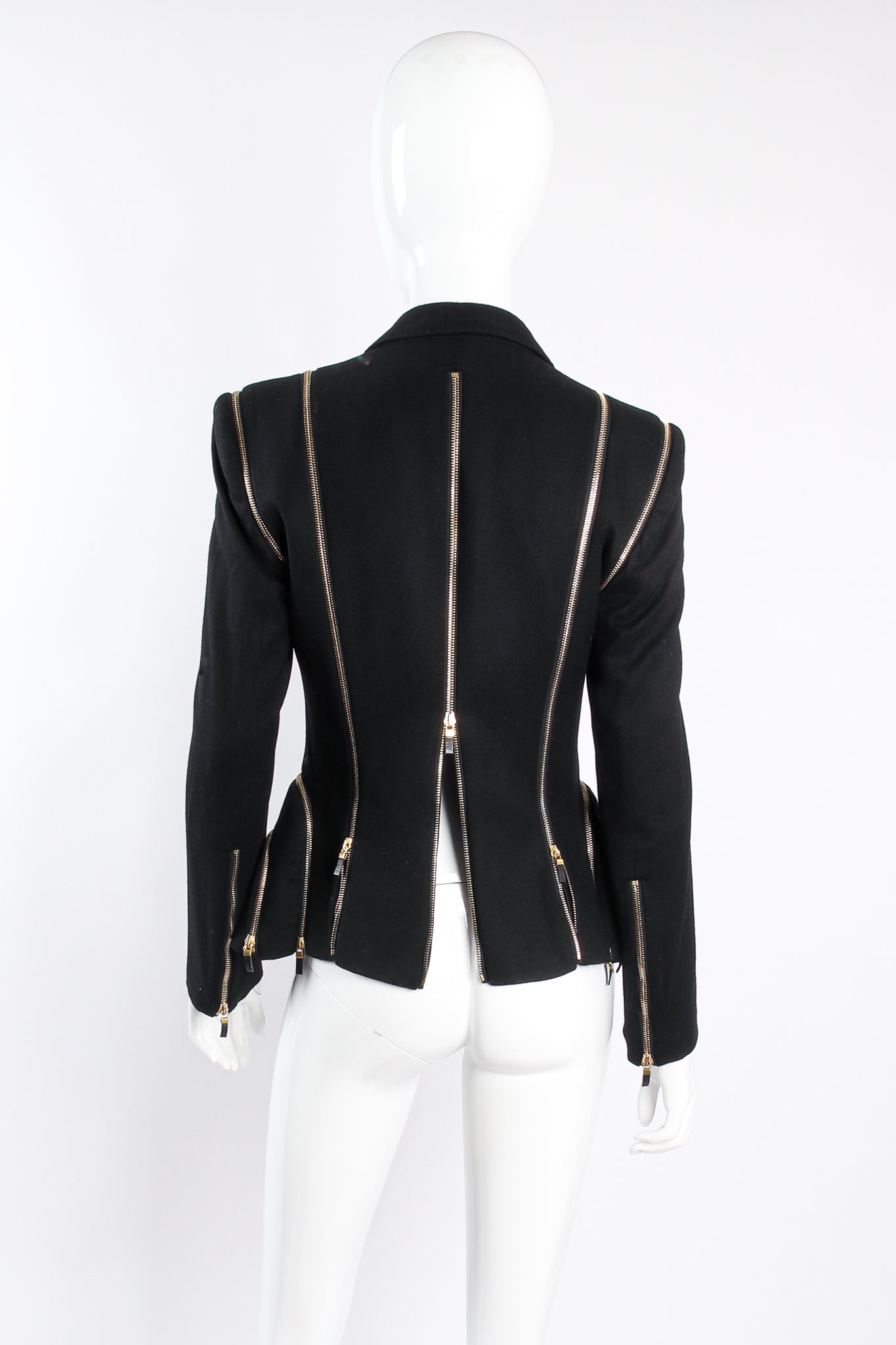 Vintage Alexander McQueen Zipper Bustle Jacket on mannequin back open at Recess Los Angeles