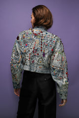 girl in Vintage Tony Alamo Acid Wash Embellished Crop Jacket on purple at Recess Los Angeles