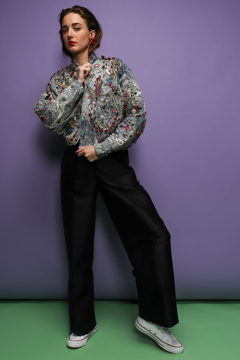 girl in Vintage Tony Alamo Acid Wash Embellished Crop Jacket on purple at Recess Los Angeles