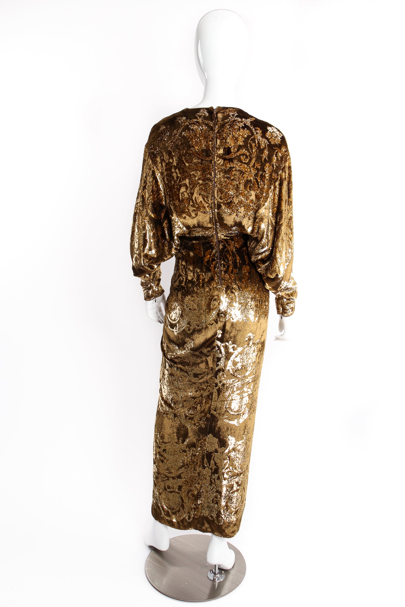 Vintage Michael Casey Metallic Velvet Lamé Batwing Dress on mannequin back at Recess Los Angeles