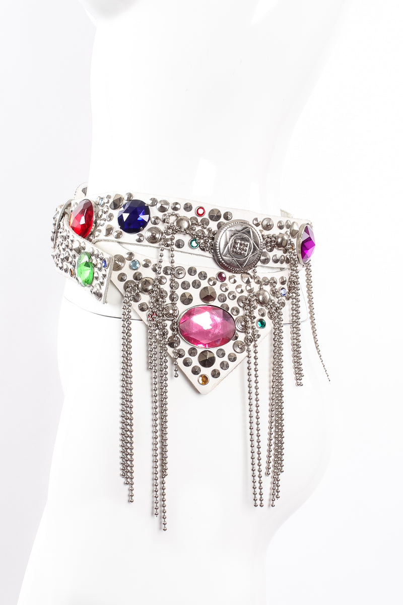 Vintage Michael Morrison Studded Jeweled Ball Chain Fringe Belt on mannequin at Recess Los Angeles