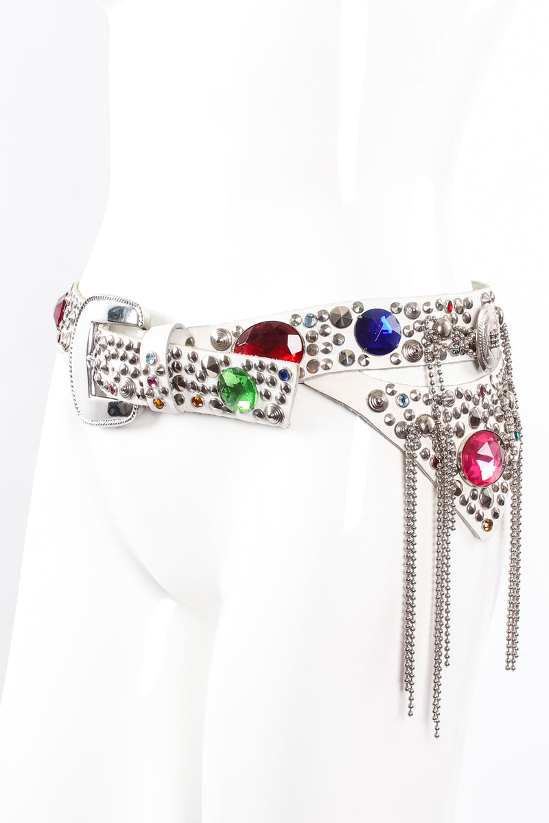 Vintage Michael Morrison Studded Jeweled Ball Chain Fringe Belt on mannequin at Recess Los Angeles