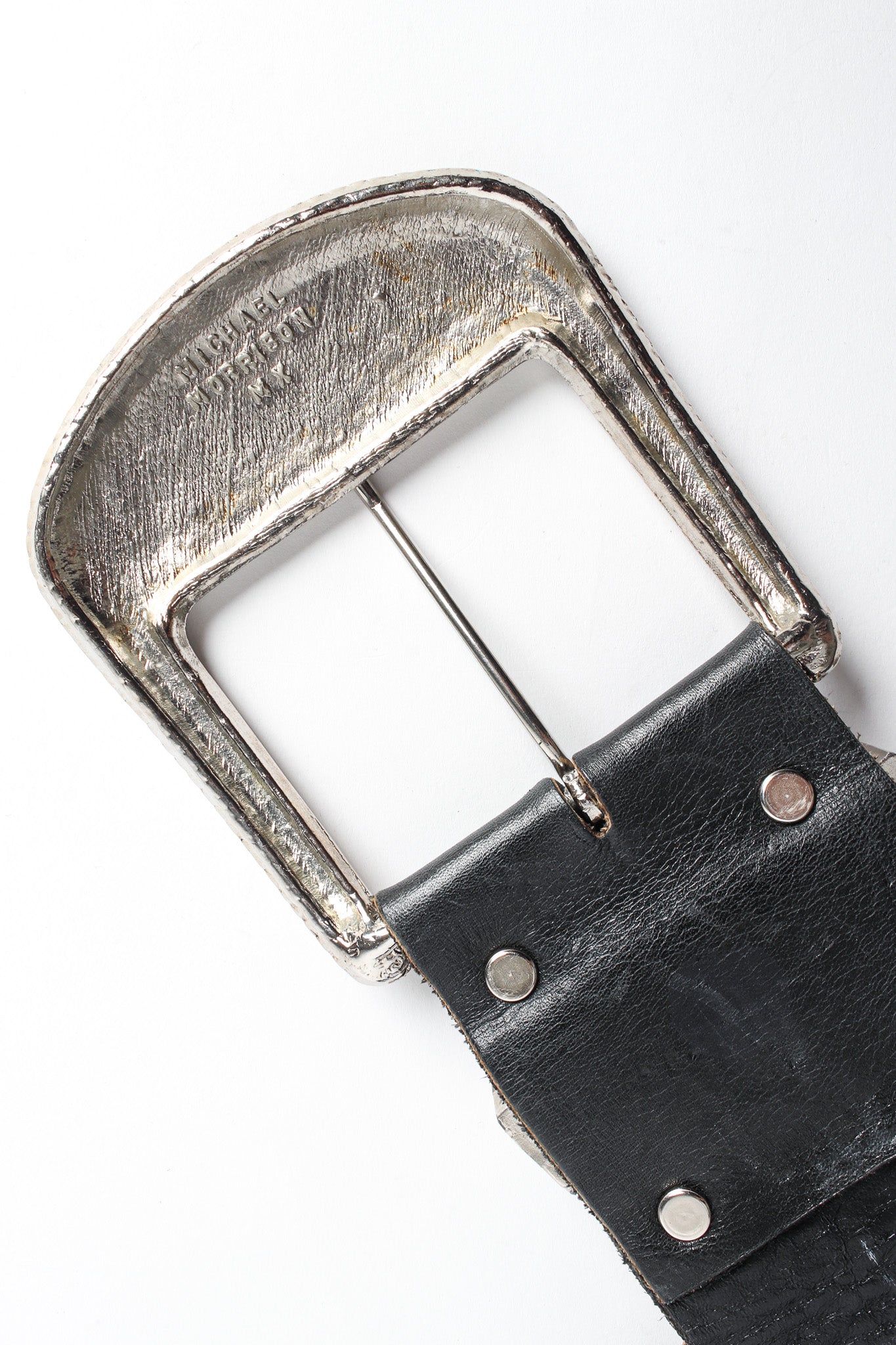 Silver studded black leather belt by Michael Morrison MX buckle signature @recessla