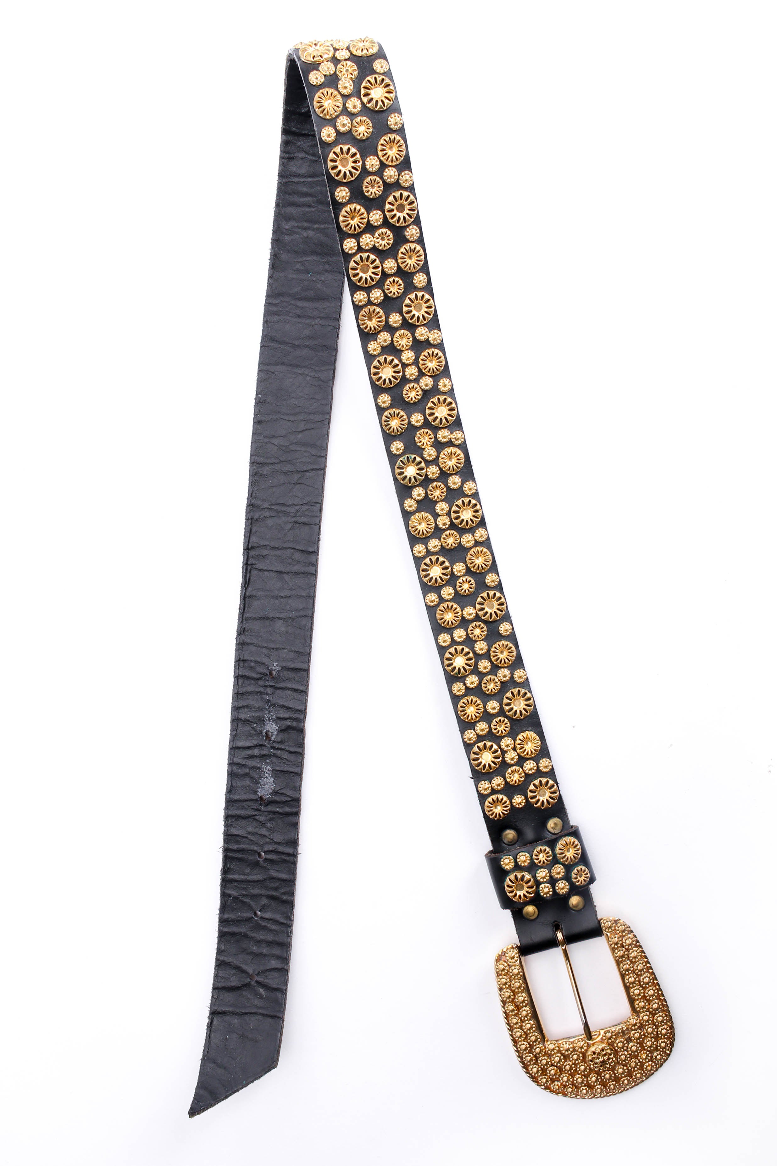 Vintage Michael Morrison Floral Filigree-Studded Belt flat lay / fraying inverse leather @ Recess LA