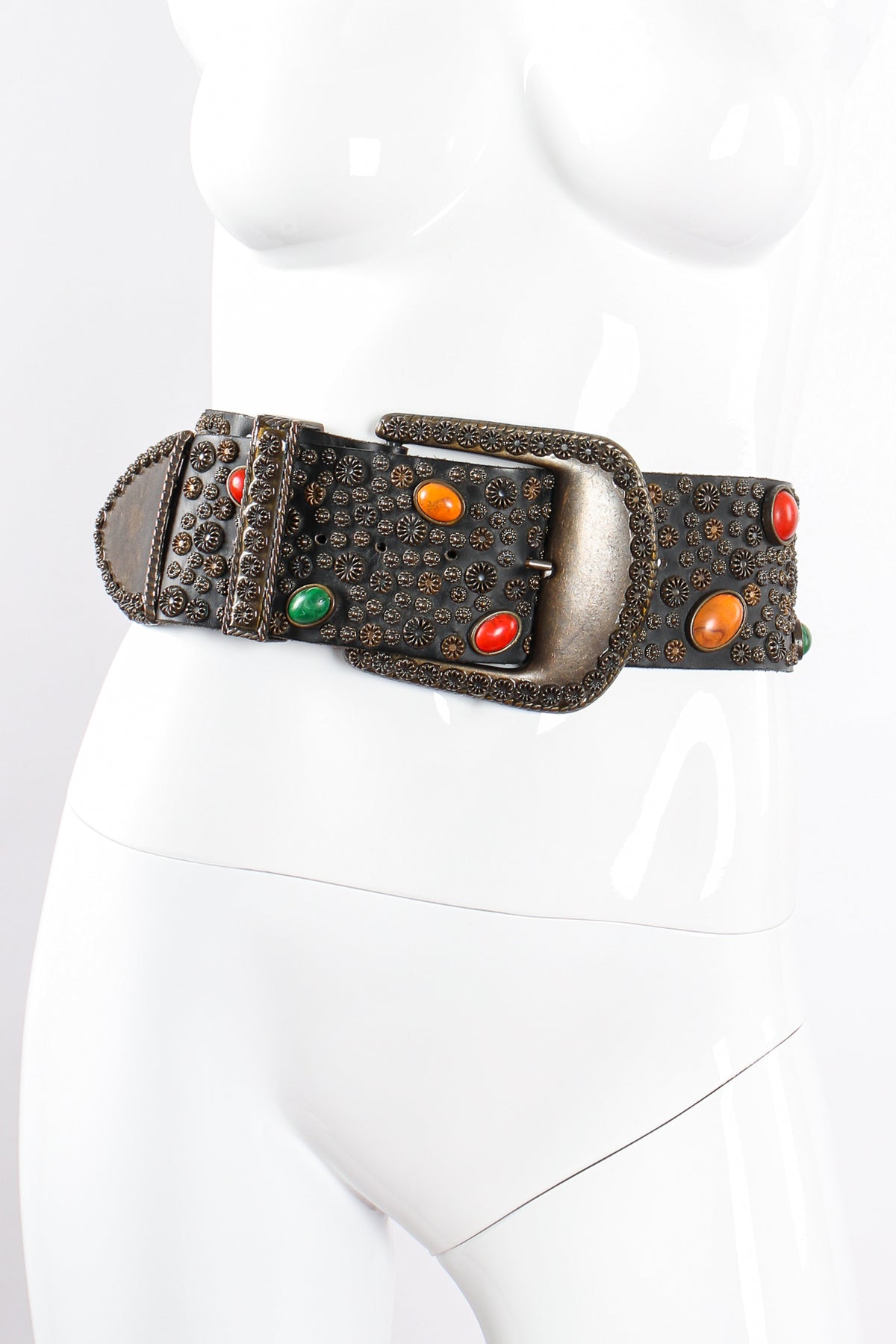 MICHAEL MORRISON MX genuine leather large gold buckle colorful stone shops accent belt