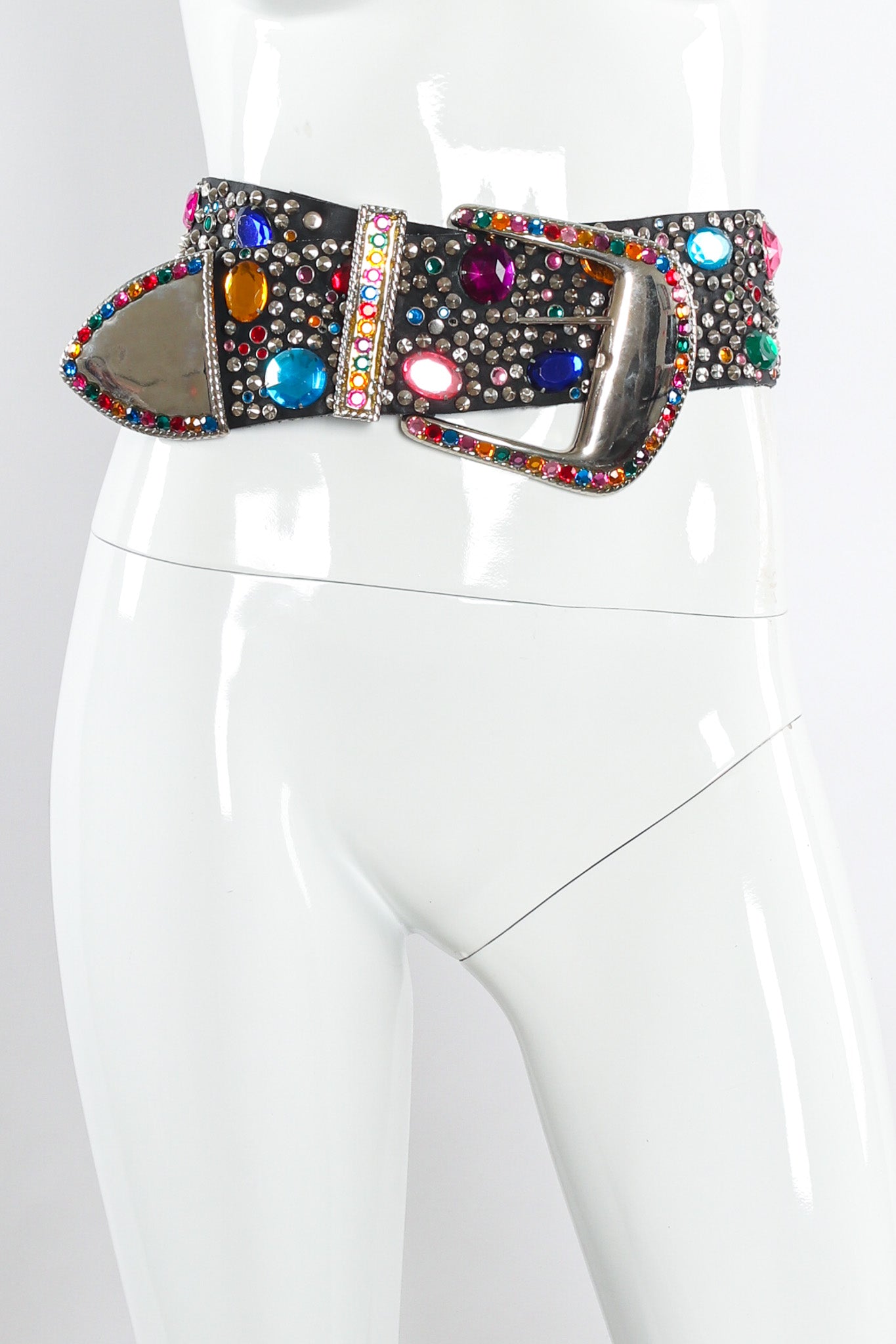 Belt with silver studs and multicolored gems by Michael Morrison mannequin front @recessla