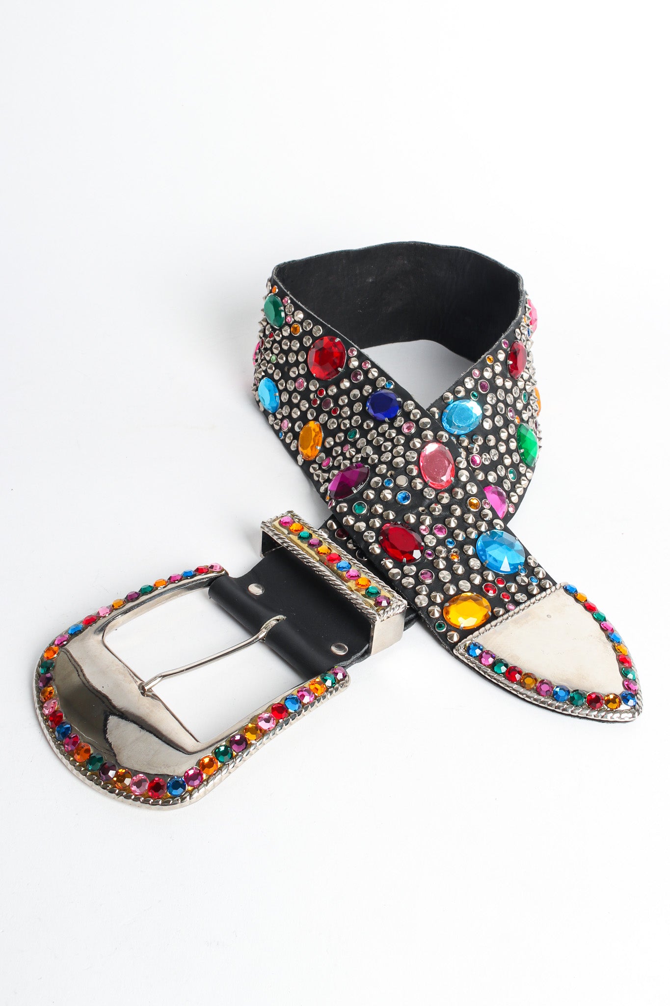 Belt with silver studs and multicolored gems by Michael Morrison flat lay @recessla