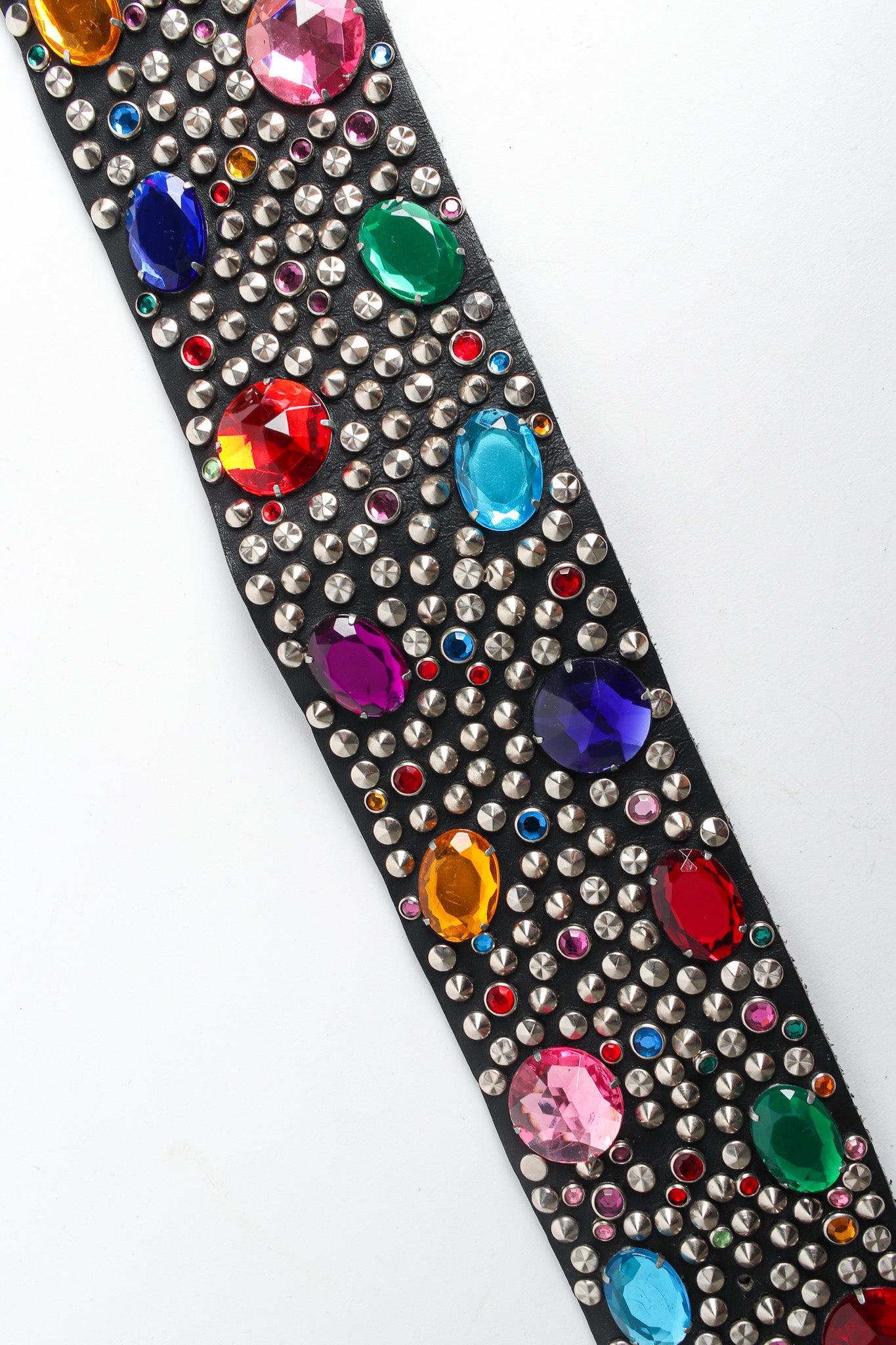 Belt with silver studs and multicolored gems by Michael Morrison close up studs and gems @recessla