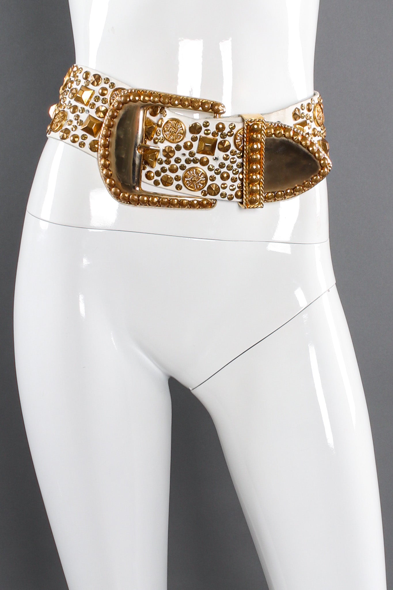 Studded leather belt with assorted gold studs by Michael Morrison mannequin front @recessla