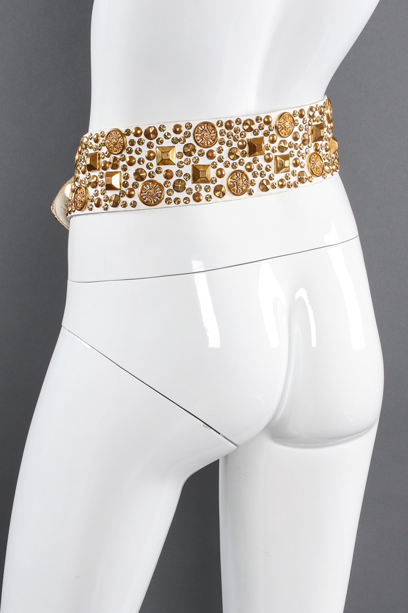 Studded leather belt with assorted gold studs by Michael Morrison mannequin back @recessla