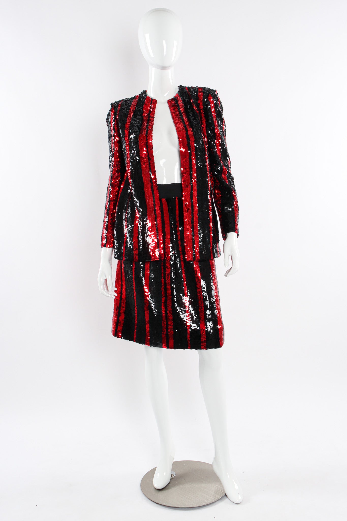 Vintage Michaele Vollbracht Jacket & Skirt Stripe Sequin Set mannequin front @ Recess LA