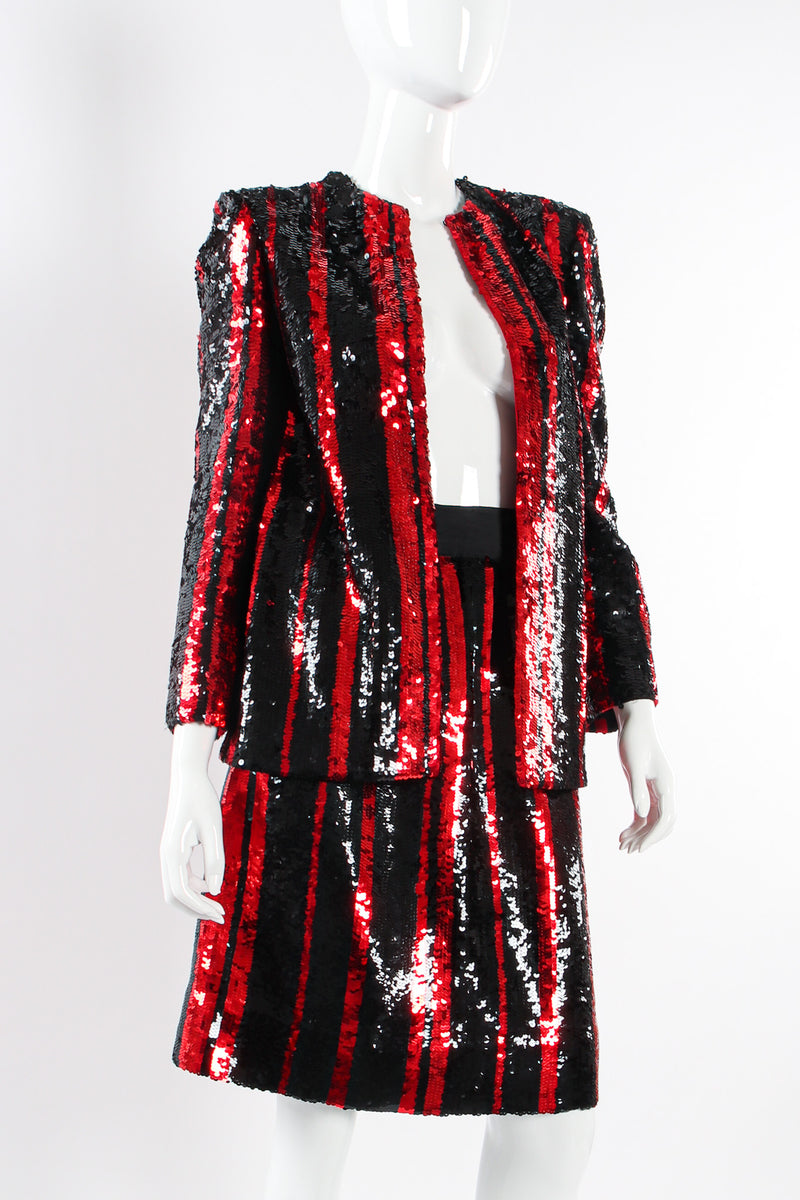 Vintage Michaele Vollbracht Jacket & Skirt Stripe Sequin Set mannequin front close @ Recess LA