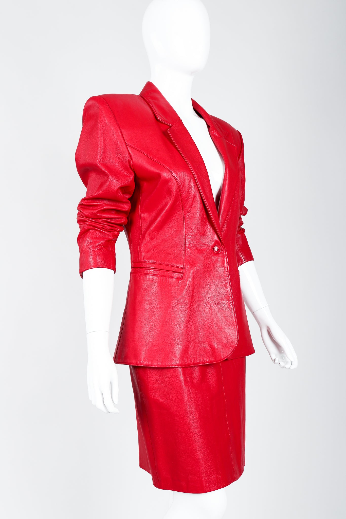 Vintage North Beach Leather by Michael Hoban Red Leather Jacket & Skirt Suit on Mannequin cropped