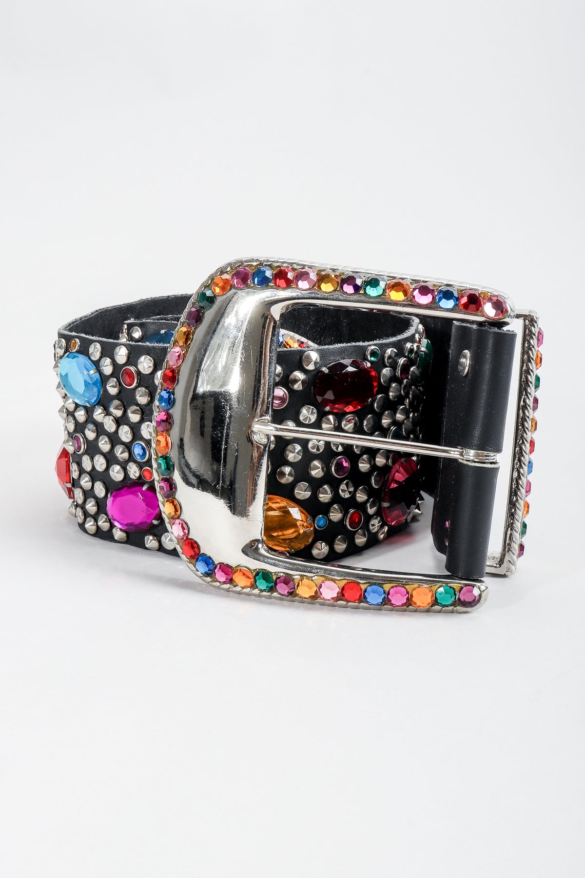 Xl handmade black leather rainbow multi color jewel/gem/crystal accent belt REVERSIBLE 38 EAGLE BELT Rainbow Pebble Grain Belt by KURT  main image 4