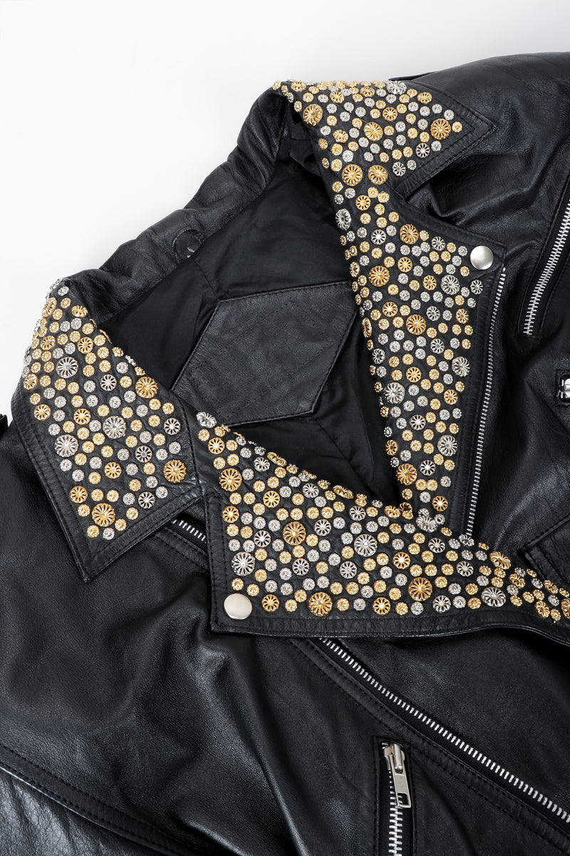 Vintage Michael Morrison Studded Back Belted Leather Moto Jacket Collar Detail