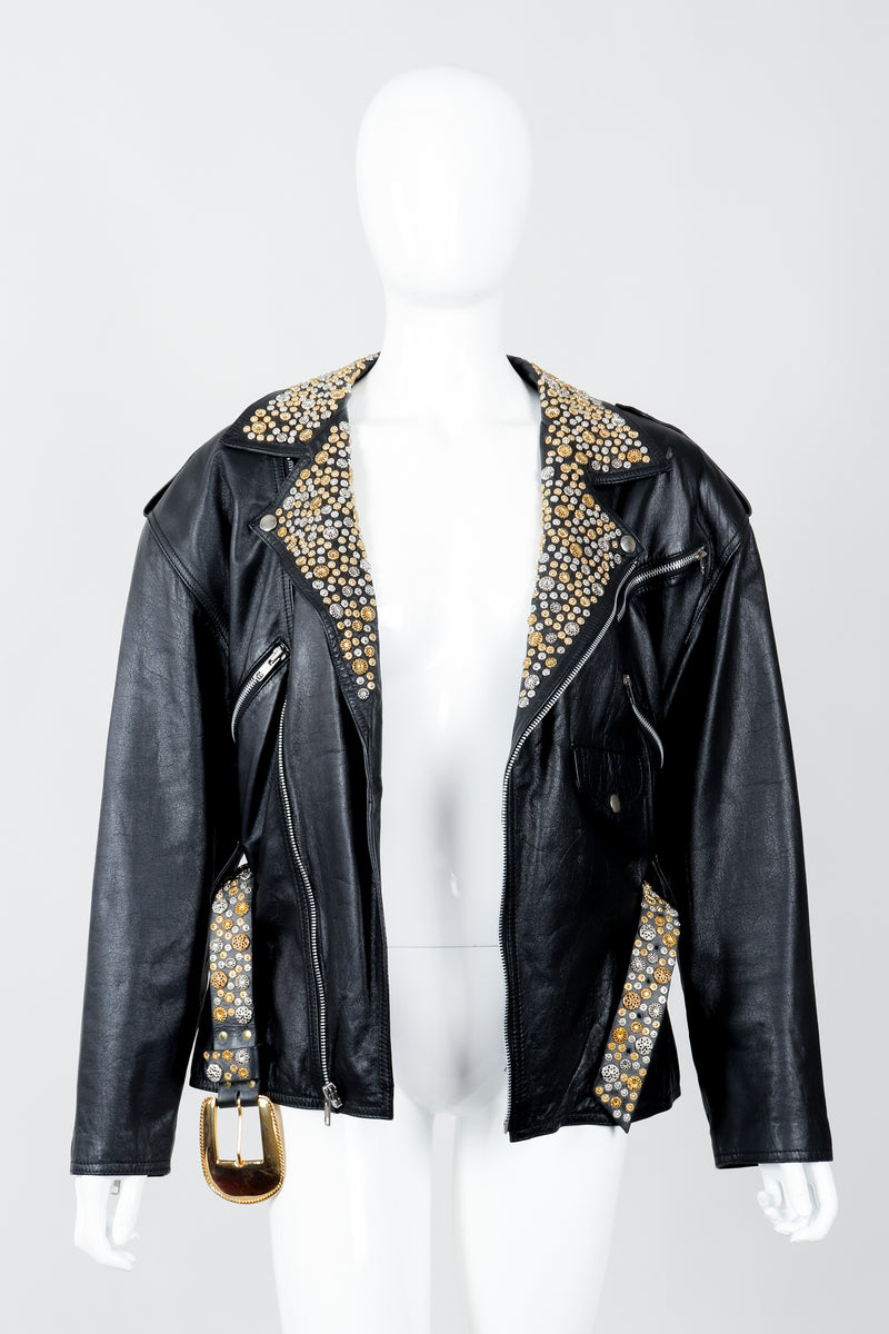 Vintage Michael Morrison Studded Back Belted Leather Moto Jacket on Mannequin Front Open