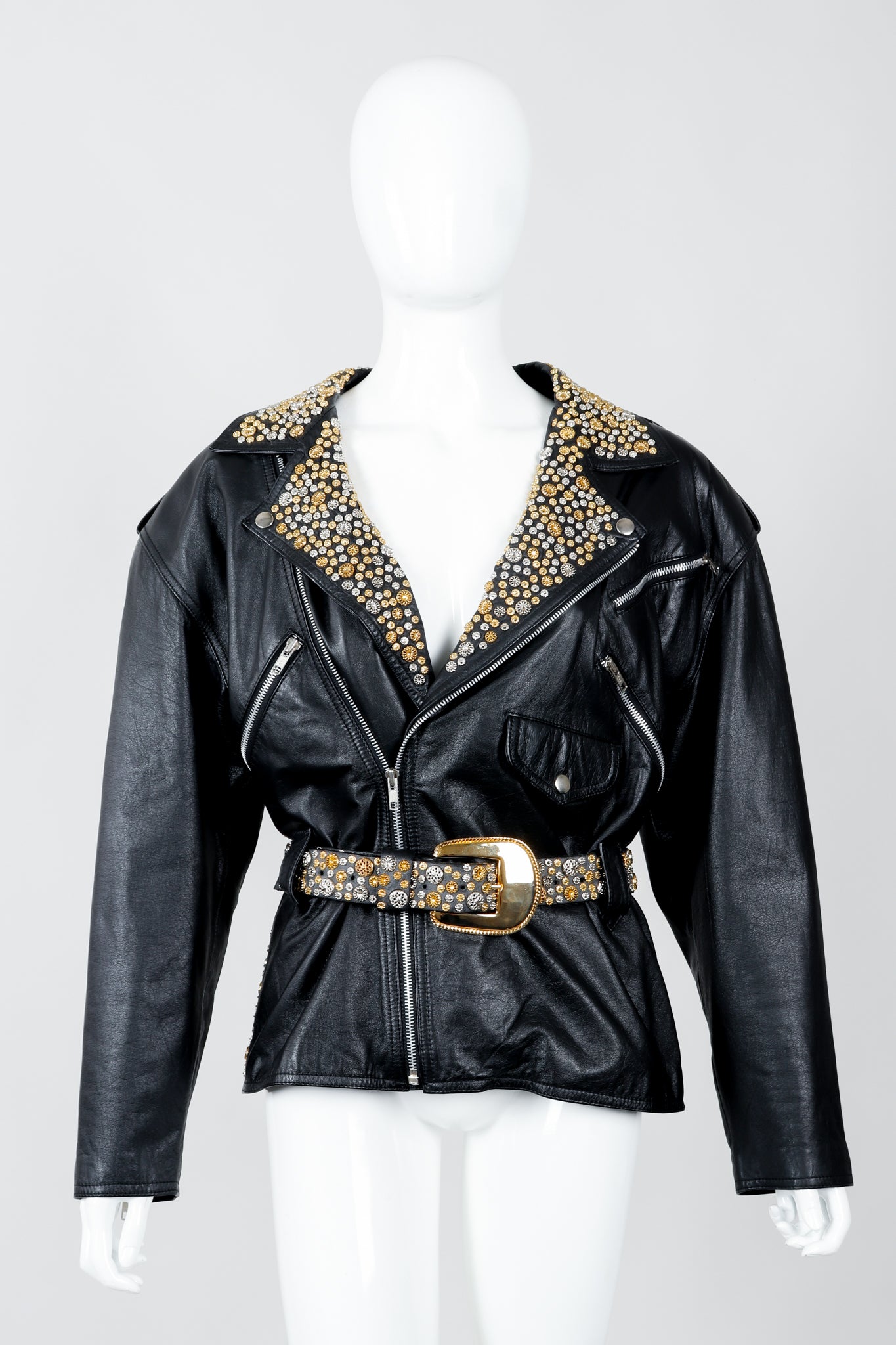 Vintage Michael Morrison Studded Back Belted Leather Moto Jacket on Mannequin Front