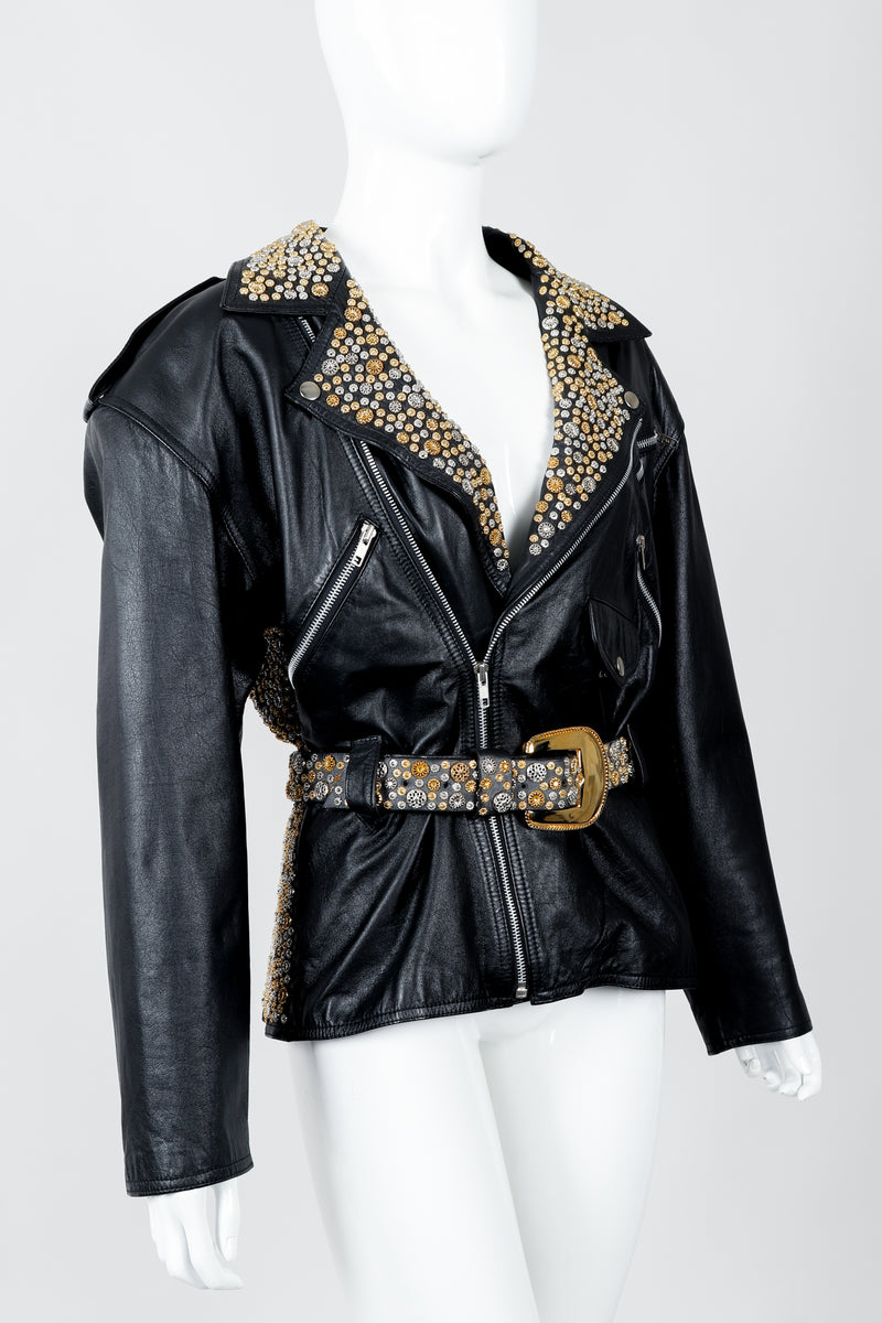 Vintage Michael Morrison Studded Back Belted Leather Moto Jacket on Mannequin Angled 2