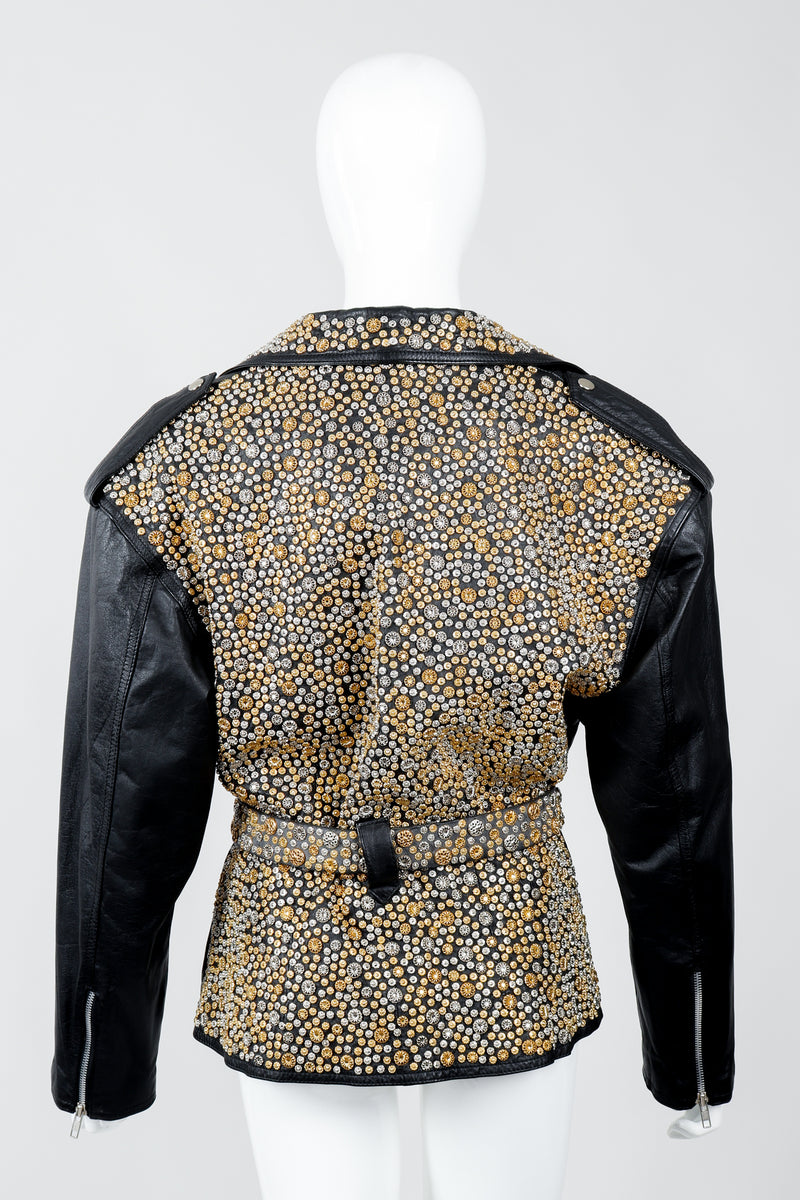 Vintage Michael Morrison Studded Back Belted Leather Moto Jacket on Mannequin Back