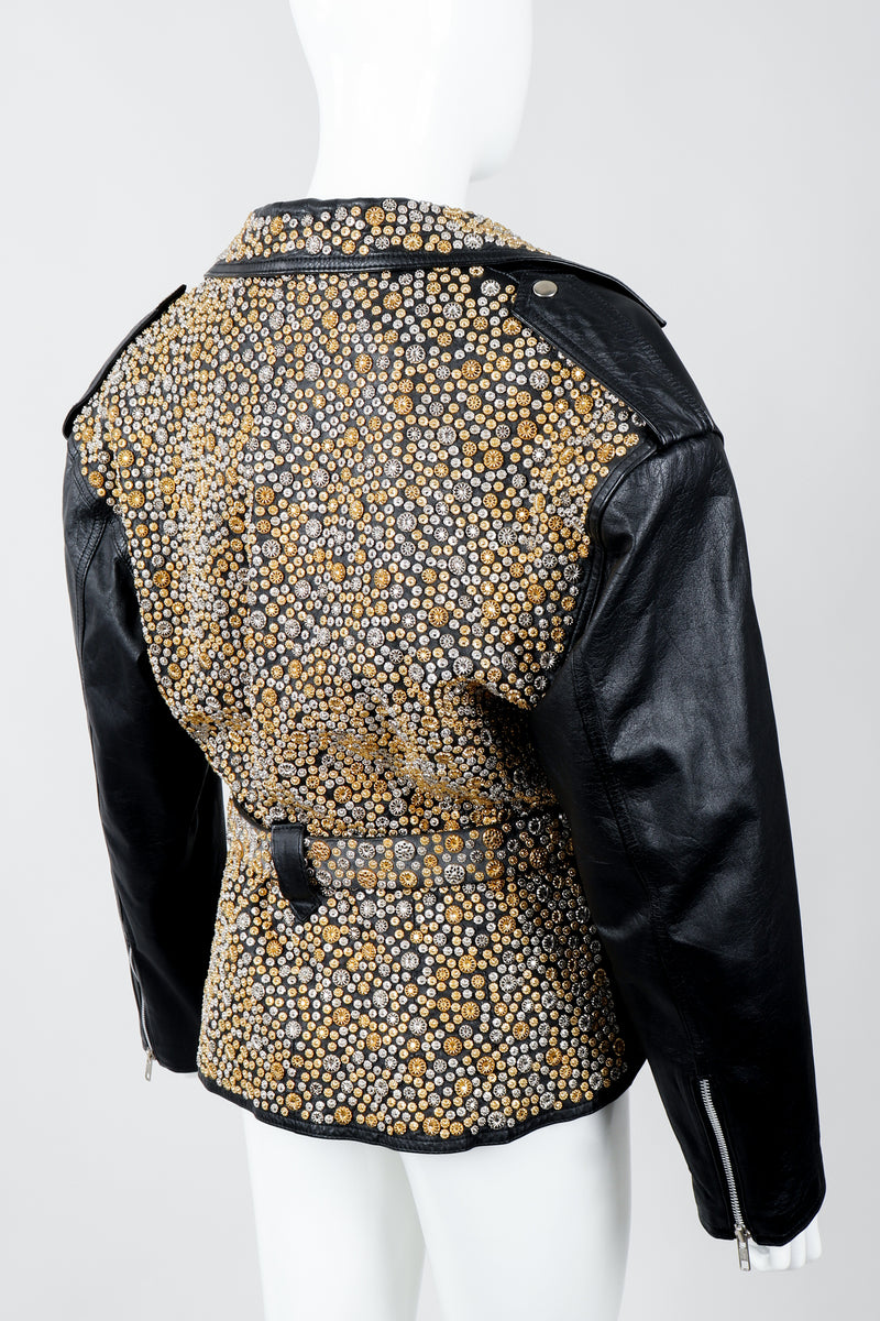 Vintage Michael Morrison Studded Back Belted Leather Moto Jacket on Mannequin Back Angled