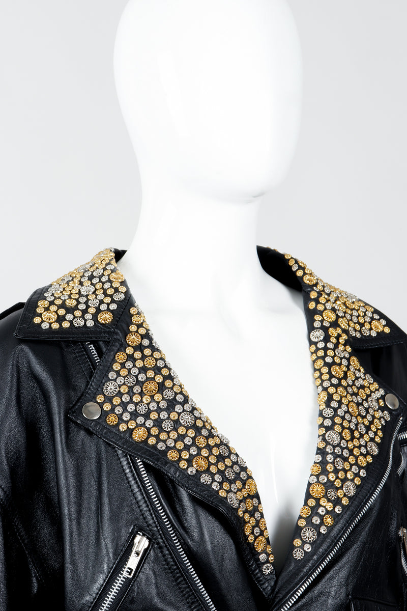 Vintage Michael Morrison Studded Back Belted Leather Moto Jacket on Mannequin Collar Detail