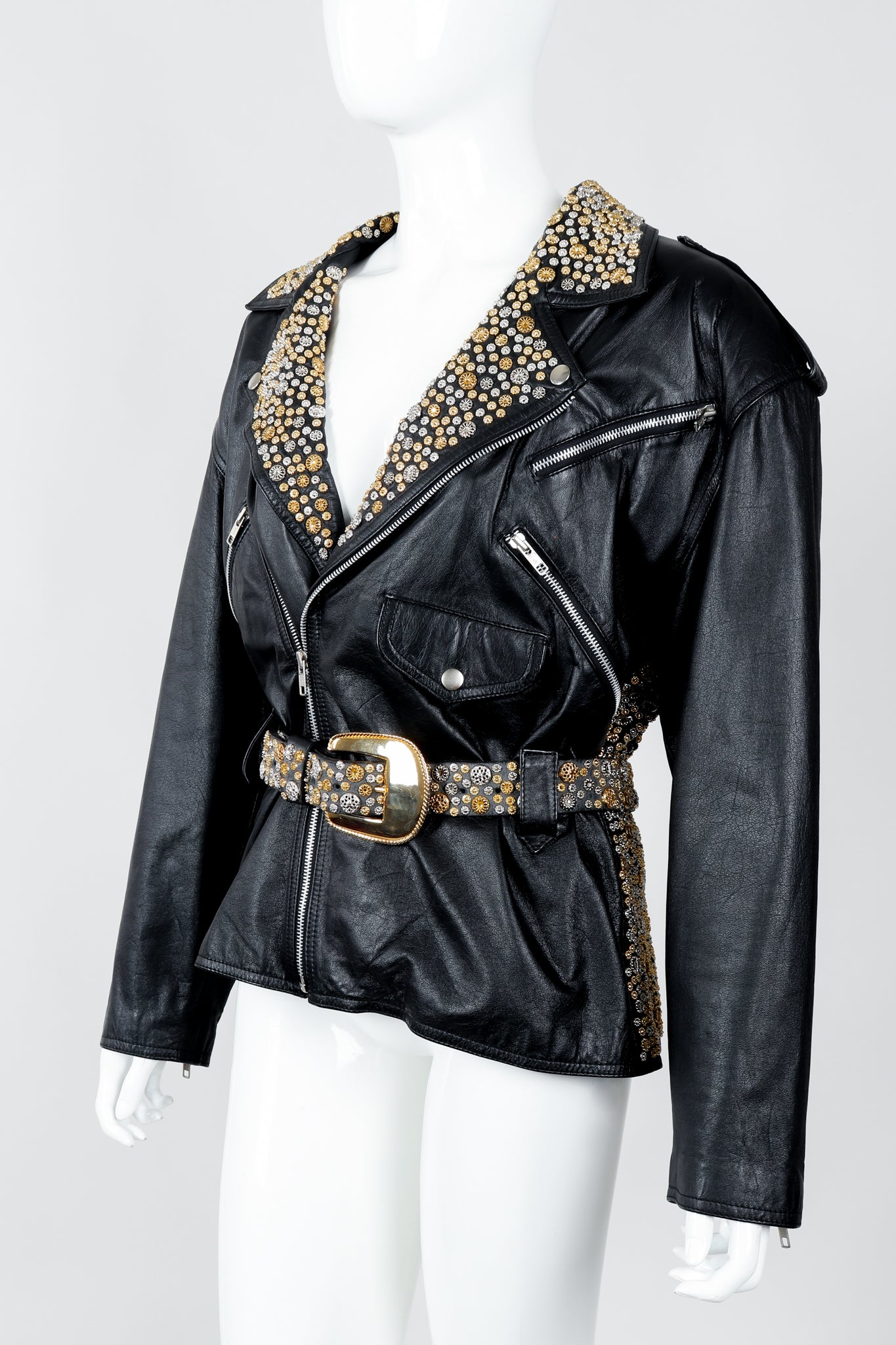 Vintage Michael Morrison Studded Back Belted Leather Moto Jacket on Mannequin Angled