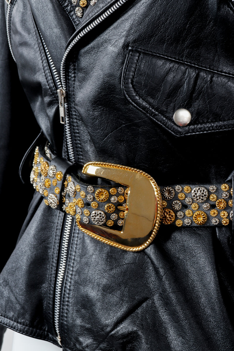 Vintage Michael Morrison Studded Back Belted Leather Moto Jacket Belt Detail