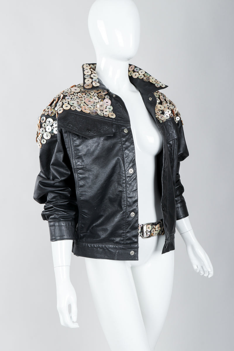 Vintage Michael Morrison Pearl Button Leather Jacket & Belt, side, on mannequin