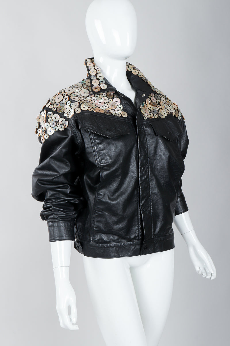 Vintage Michael Morrison Pearl Button Leather Jacket & Belt on mannequin, zipped