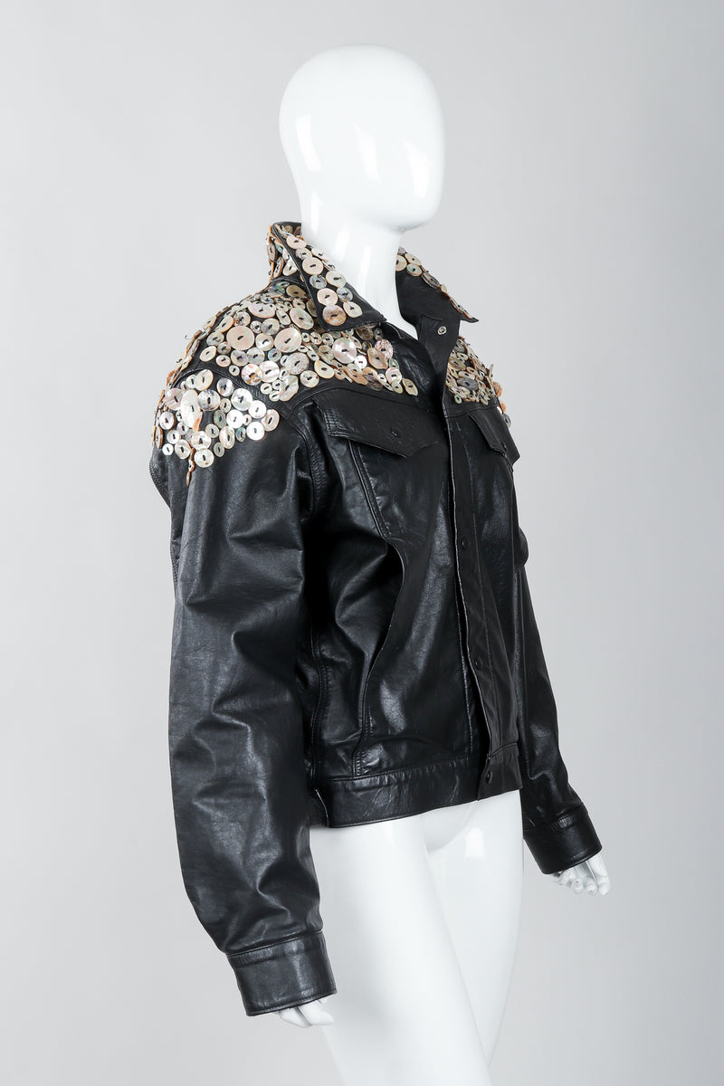 Vintage Michael Morrison Pearl Button Leather Jacket on mannequin, side