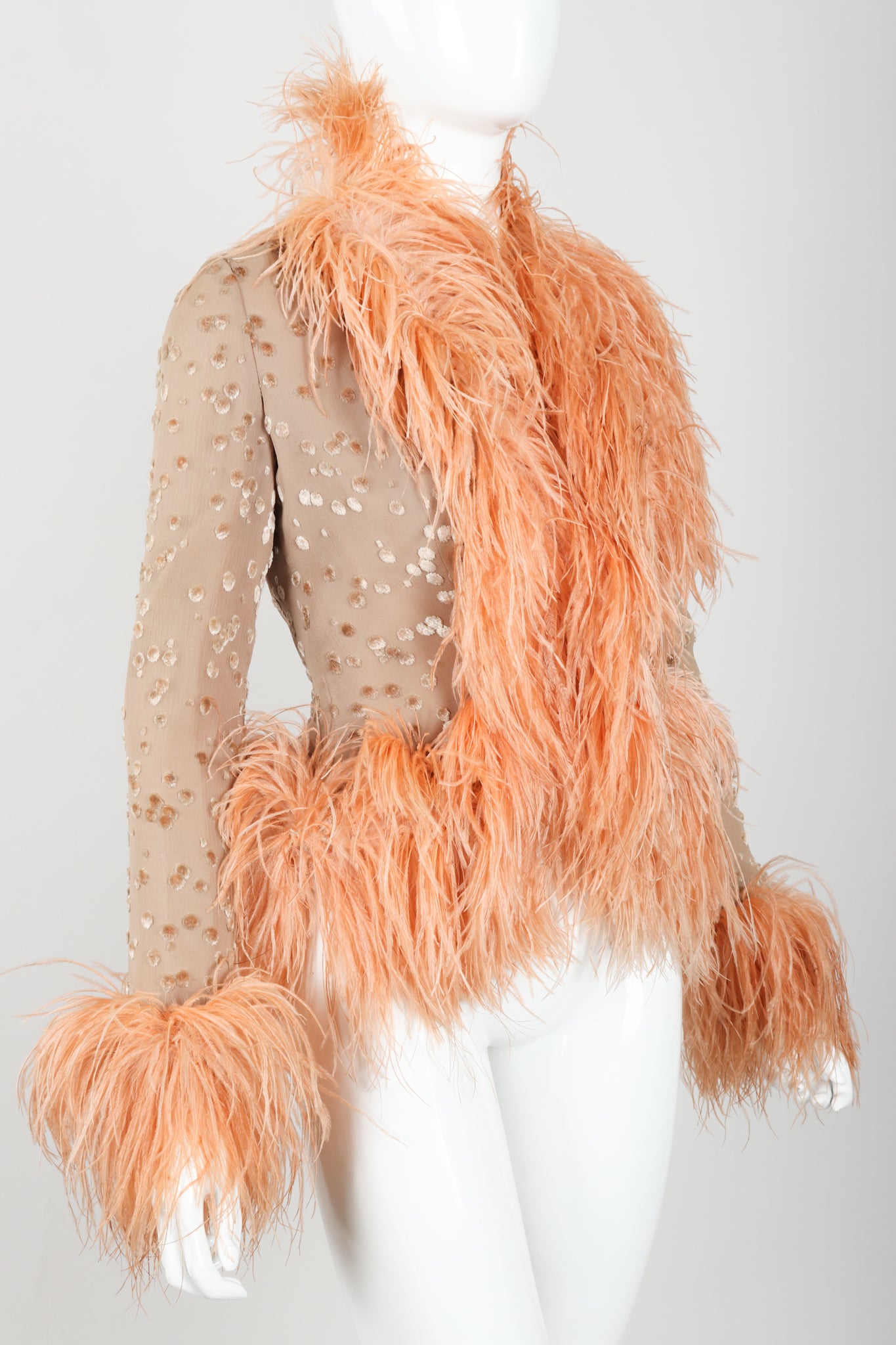 Vintage Lillie Rubin Lioness Burnout FeatherJacket on mannequin angled at Recess Los Angeles